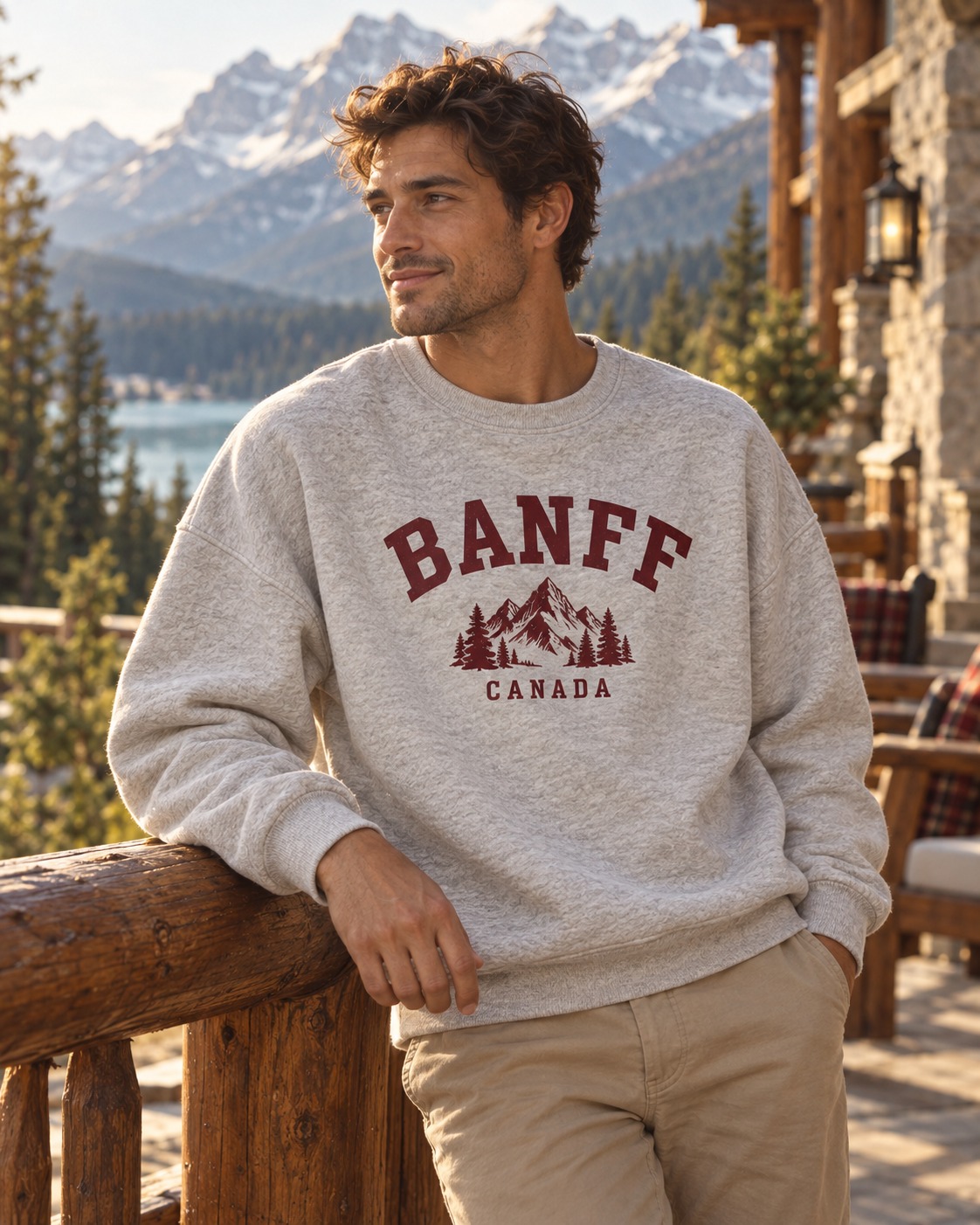 Heather-grey Banff Canada crewneck with burgundy mountain artwork, worn at a heritage lodge