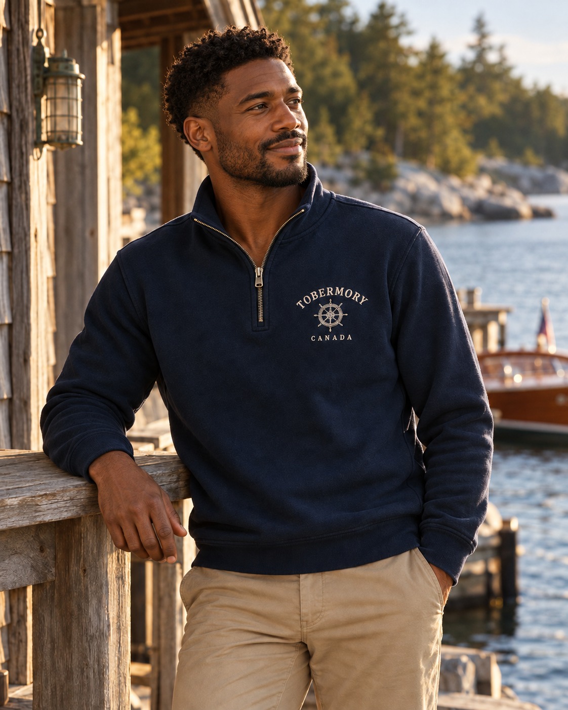 Navy Tobermory Canada quarter-zip with ivory ship’s-wheel embroidery, worn at a lakeside boathouse