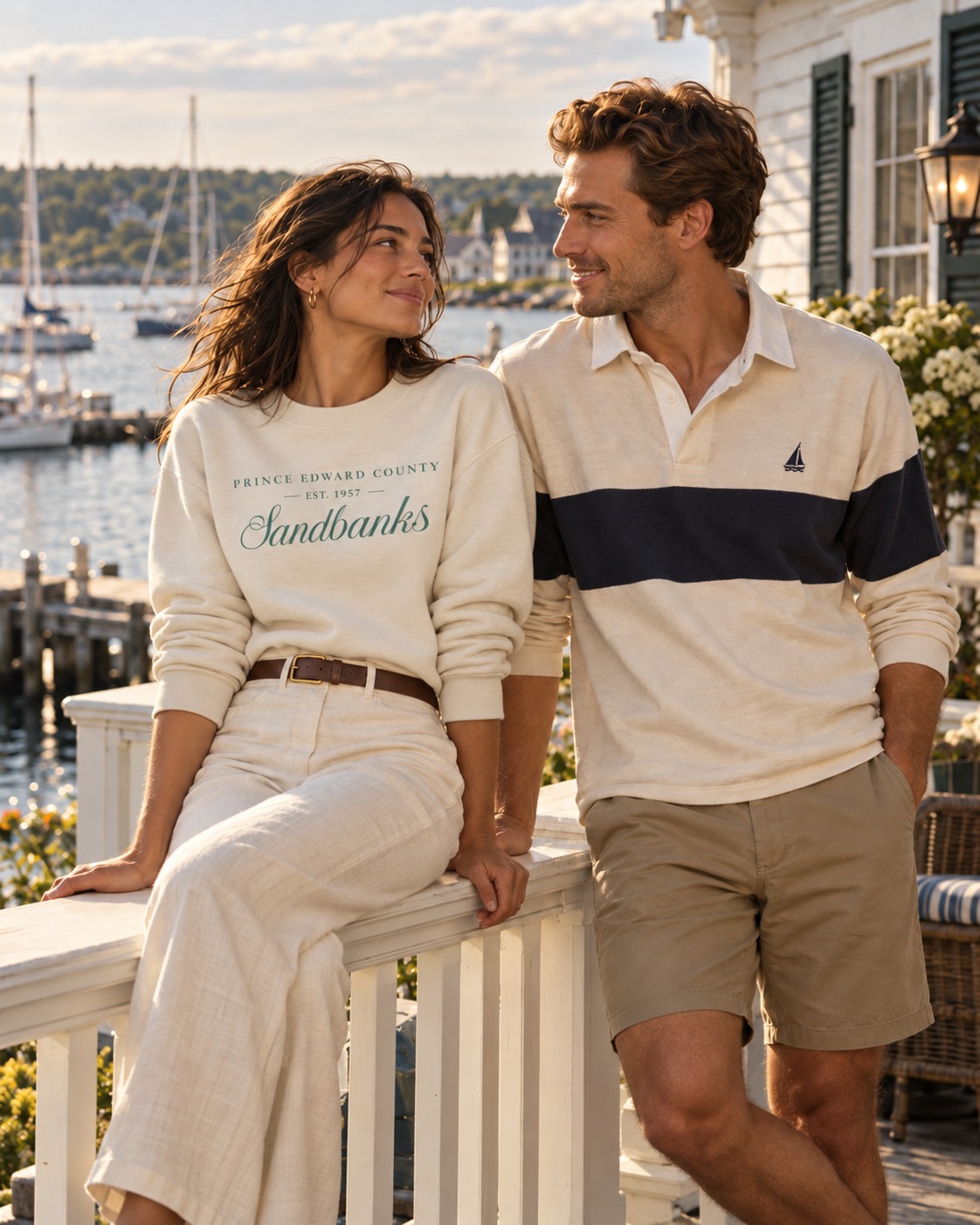Woman in a cream Sandbanks Prince Edward County sweatshirt beside a man in a heritage rugby on a harbour porch
