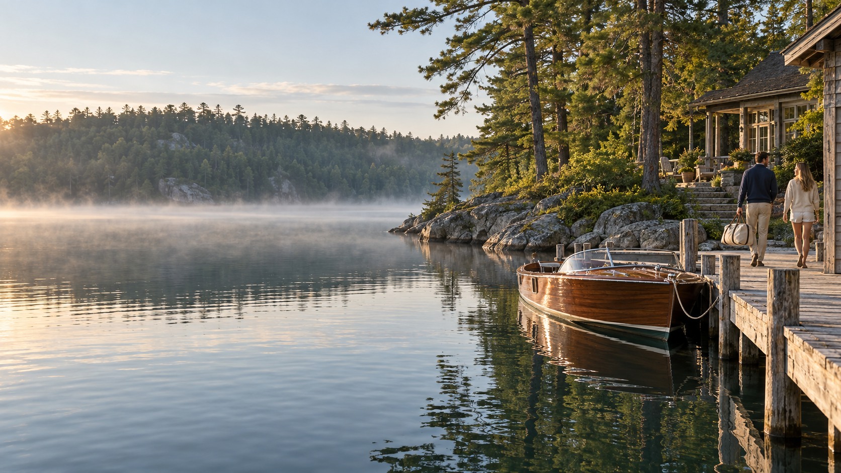 A quiet Muskoka lake, a wooden boat and a cottage dock in morning light